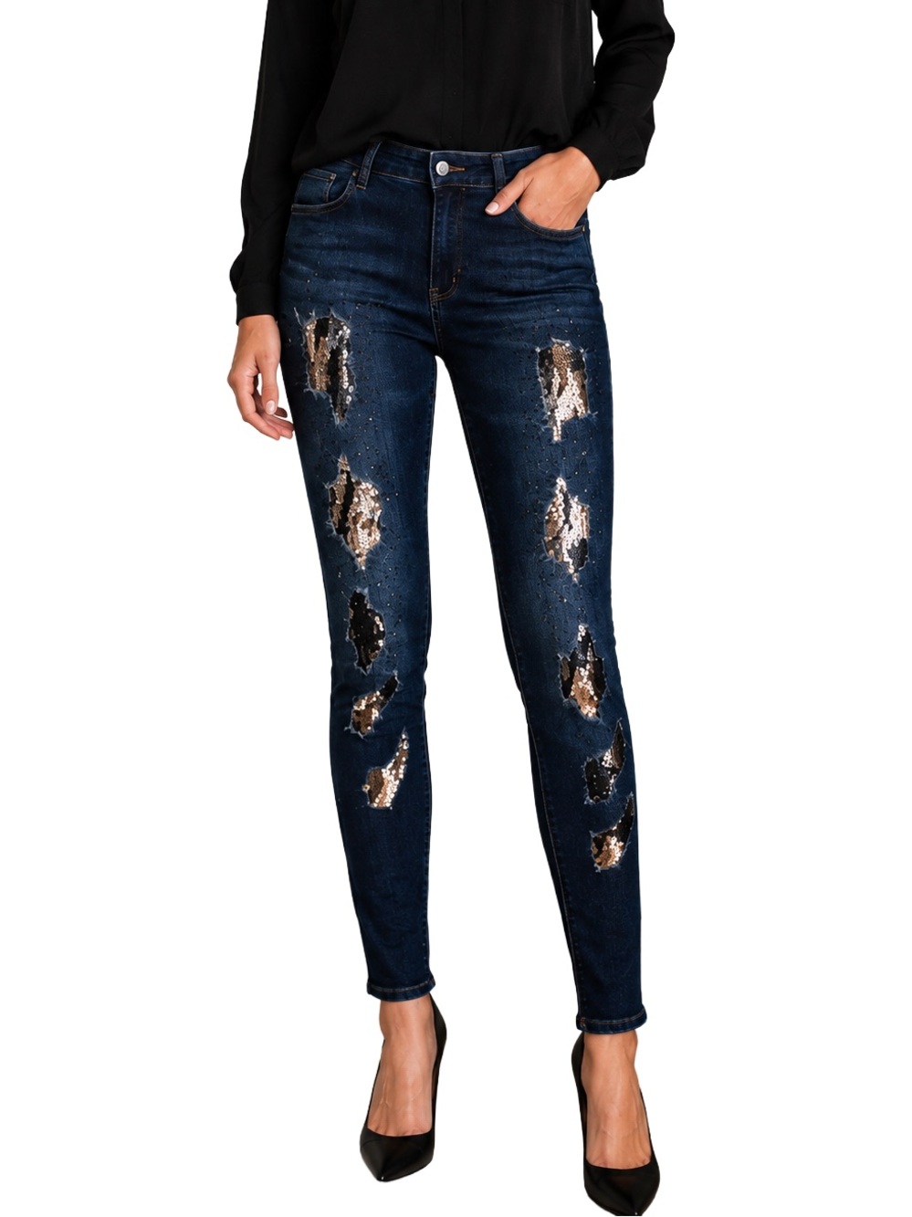 boutique Blue Sequin Patch Skinny Jeans